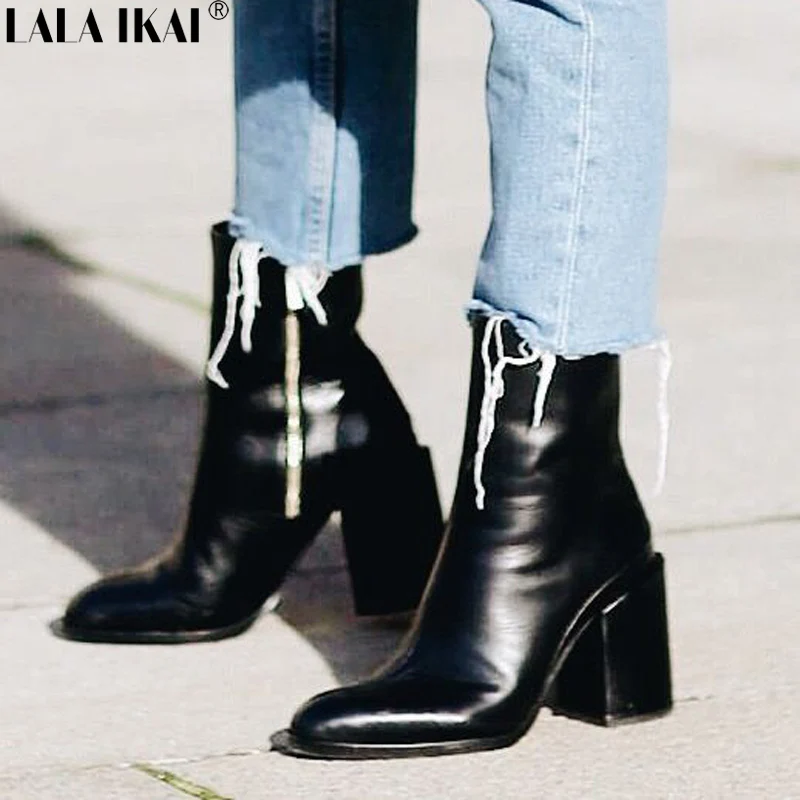 

LALA IKAI Women Boots Spring Autumn PU Leather Ankle Boots High Heels Square Heels Black Ladies Boots XWC2671-5