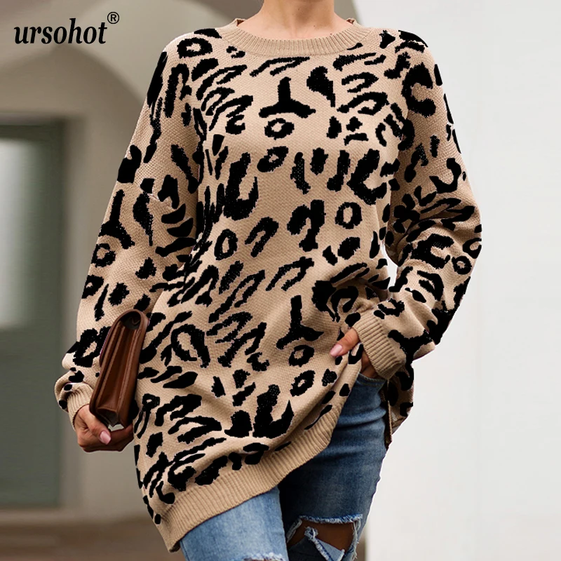 

Ursohot 2019 Autumn Sweater Women Long Sleeve Jumpers O Neck Leopard Sweaters Winter Pullover Female Knitted Wear Knit Loose Top