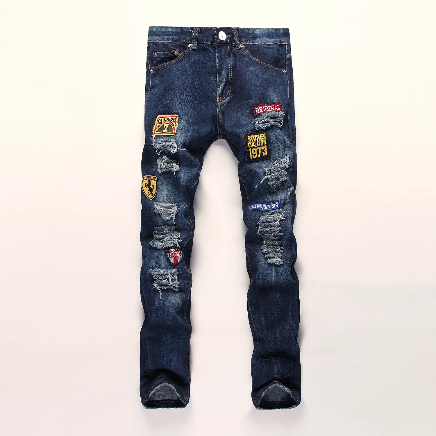 

new  2017 autumn winters badge jeans male tide hole small straight jeans cloth edge grinding cultivate one's morality