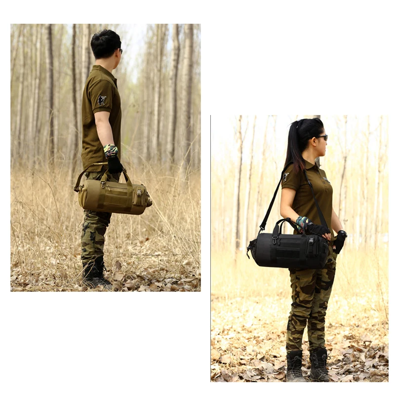 Camo Waterproof Cylindrical Tactical Shoulder Bag Men Women Sports Duffle Molle Handbag Bucket Military Tactical Bag Valise K319