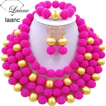 

Laanc Hot Pink African Beads Jewelry Set Gold Ball and Simulated Pearl Nigerian Necklace Earrings Wedding Accessories AL543