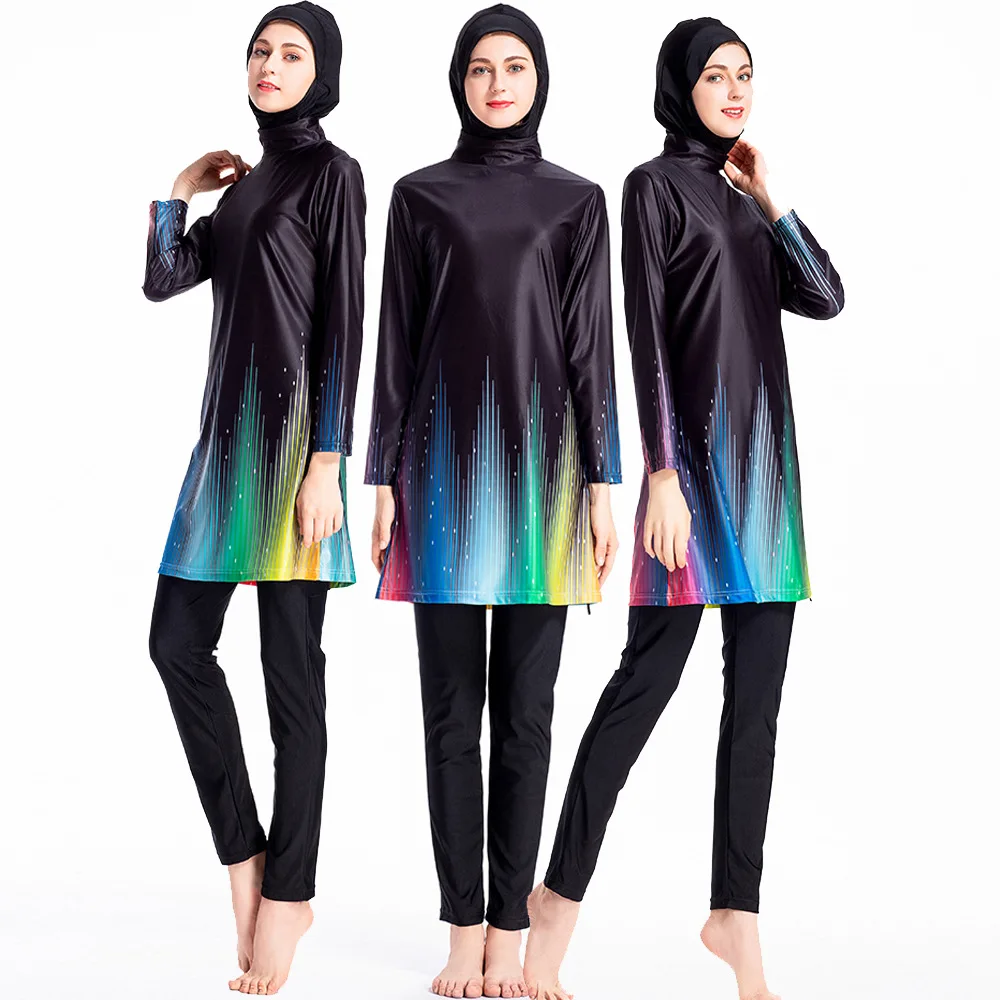 

2019 Rainbow Floral Modest Muslim Swimwear Women Islam 3 Piece Full Cover Islamic Long Muslimah Swimsuit Hijab Swimming Burkinis