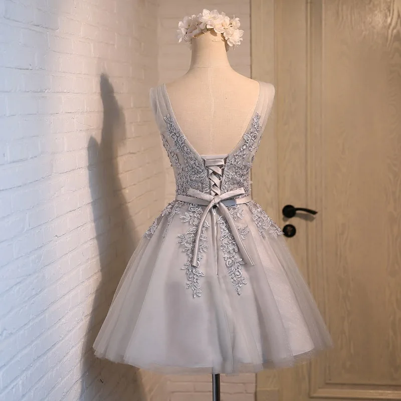 Gray V-neck Short Lace Bridesmaid Dress