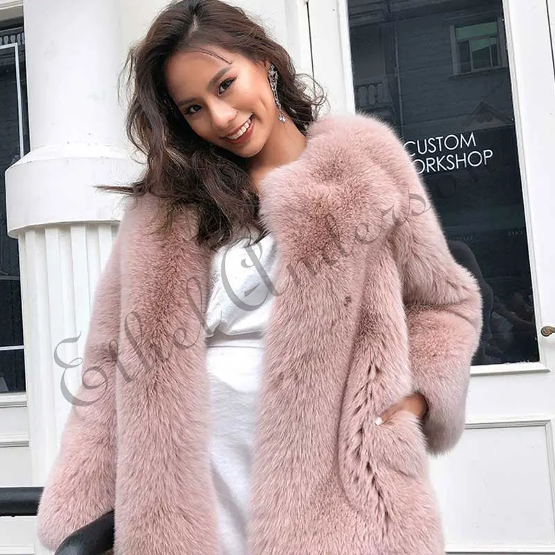 ETHEL ANDERSON реальные лисица высокого качества Мех животных розовое пальто Длинные Стиль Куртка офисные женские туфли идет вся кожа