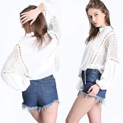Fashion Women Blouse 2018 Summer Loose Casual Chiffon Shirt Hollow Out Long Sleeve Batwing Lace Tops Blouses | Женская одежда