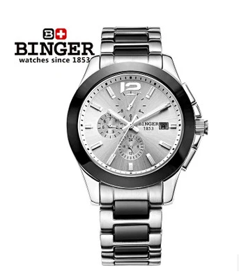 Binger Mens Brand Platinum Gray Silver Dial Ceramic Bezel Watch Chronograph Mens Automatic Machinery Watches Binger