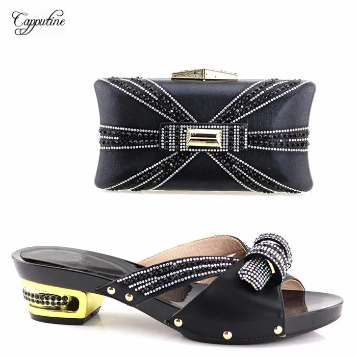 

Excellent black with stones African shipper shoes and purse bag sets for party YH2018-03, heel height 5.3cm