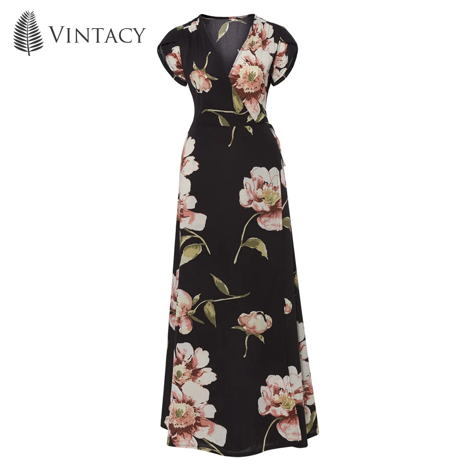 Vintacy Women Long Maxi Dress Print Floral Black Pullover Beach Autumn Flower V-Neck 2017 Modern Fashion Women Long Maxi Dress long-floral-maxi