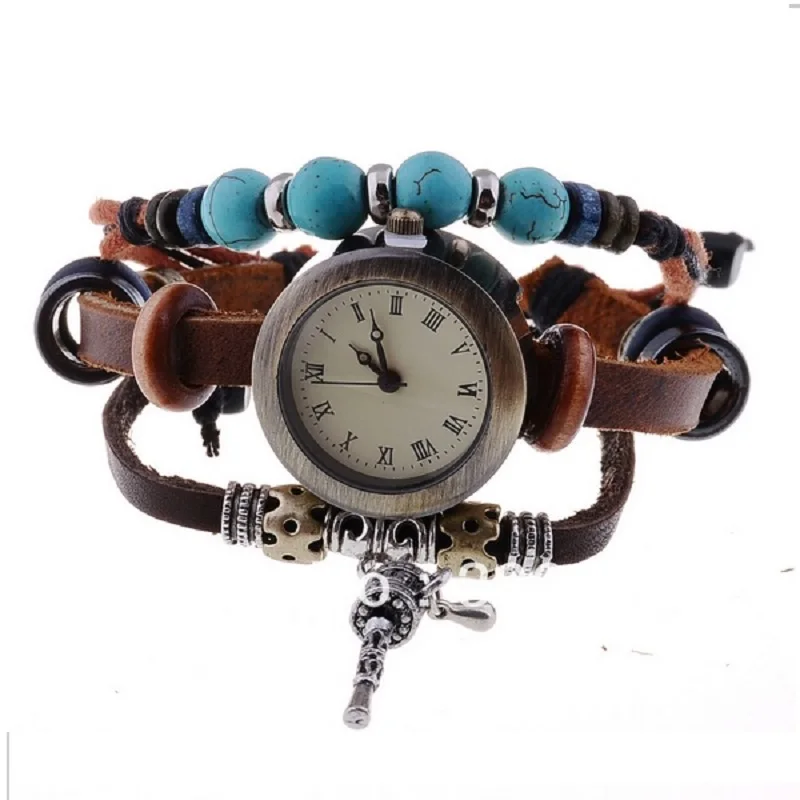 TOP turquoise vintage Genuine Leather Bracelet Watch Women Lady Indian