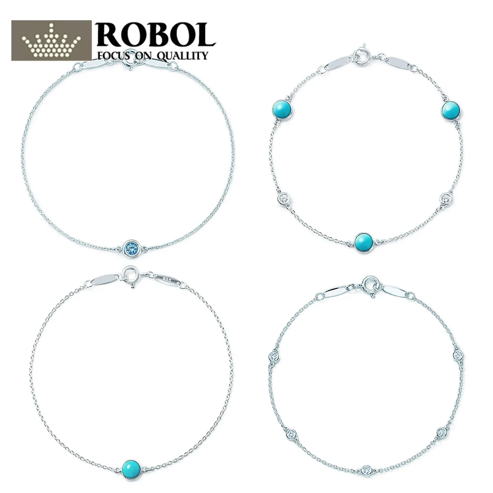 

ROBOL Charm 925 Sterling Silver Charm Original Minimalist Fashion Women's Bracelet Shine Zircon Retro Ladies Bracelet Gift TIFF