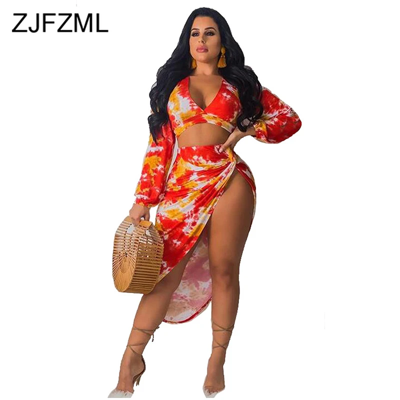

Tie Up Sexy Two Piece Beach Dress Women Long Sleeve V Neck Side Split Skinny Summer Dress Plus Size High Waist Irregular Dress
