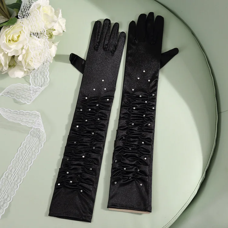 50 см Для женщин для девочек со стразами атласные перчатки с длинными пальцами свадебное платье перчатки танец драма производительность