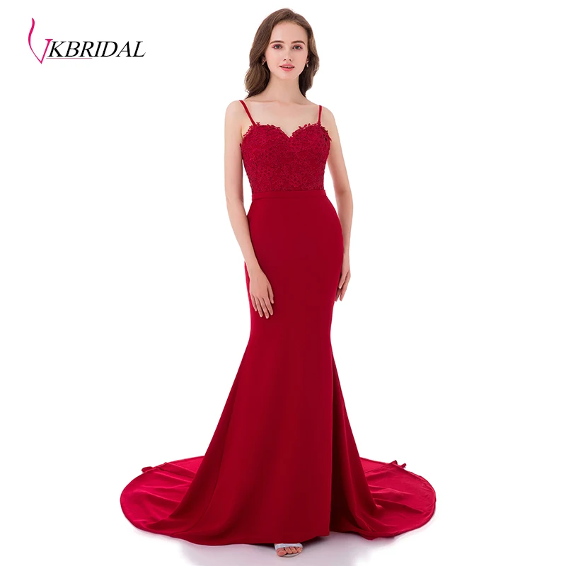 VKBRIDAL Элегантный Спагетти бордовый кружевной Длинные платья невесты Русалка Часовня Поезд с открытой спиной официальная Вечеринка Платья