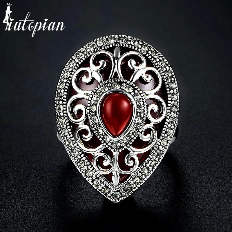 

Iutopian 2017 New Arrival Vintage Ring Palace Style with Green/Red Stone Top Quality for Women Party jewelry #RB3970red
