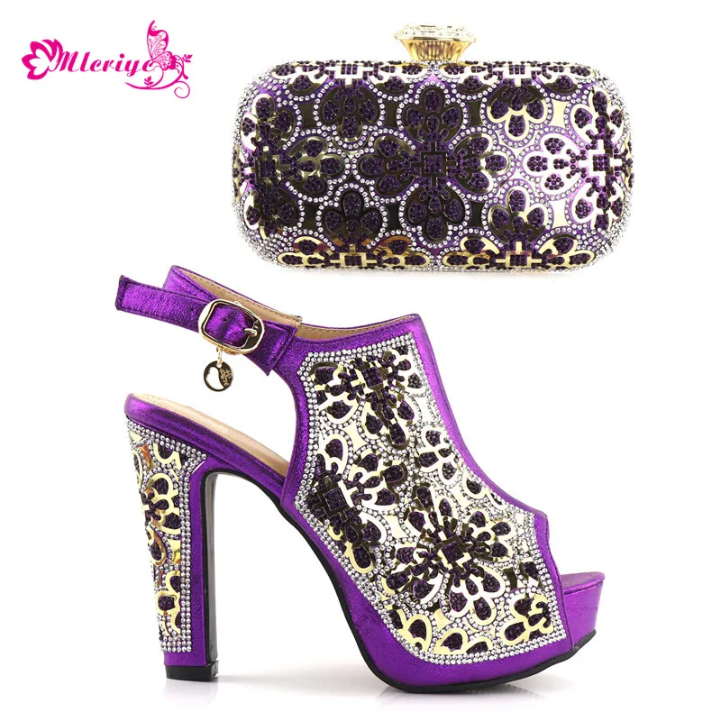 

New Arrival African Wedding Shoes and Bag Set Purple Color Italian Shoes with Matching Bags Nigerian Women Wedding Shoes and Bag