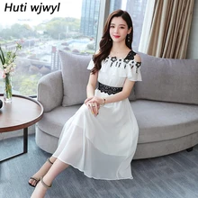 Корейское винтажное белое шифоновое платье бохо, летнее платье размера плюс, черное кружевное сексуальное платье миди, женское облегающее платье, элегантные вечерние платья