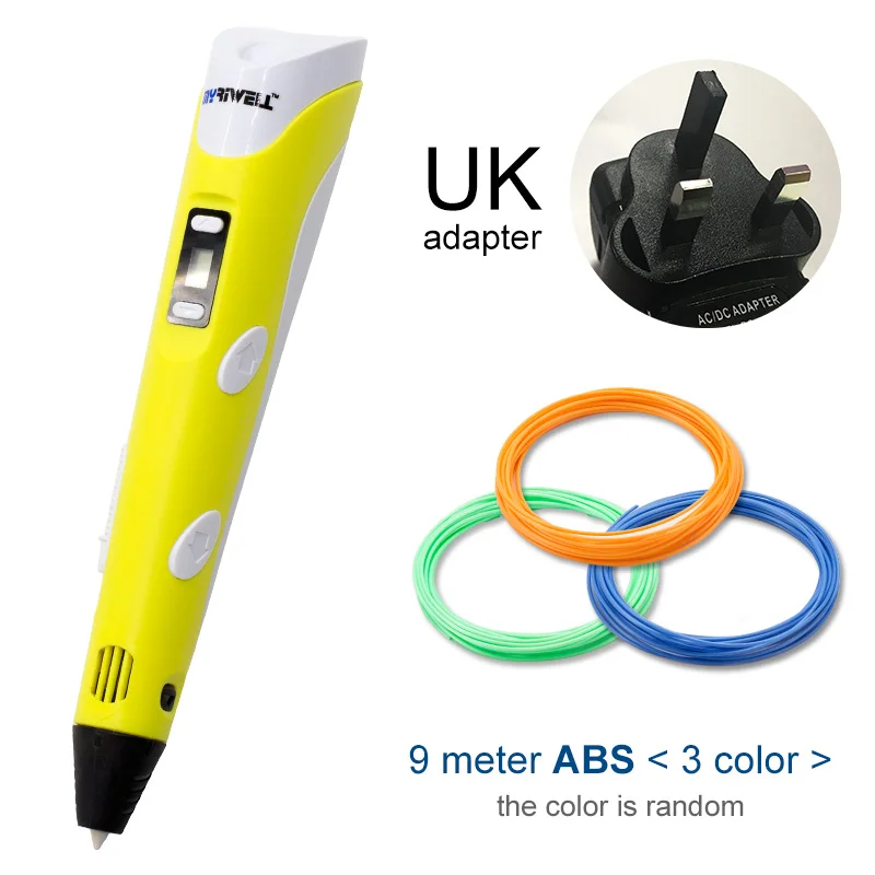 Yellow UK Myriwell 3D Ручка светодиодный экран DIY 3D печатная ручка 100 м ABS нить креативная игрушка подарок для детей дизайн рисунок - Цвет: Yellow UK
