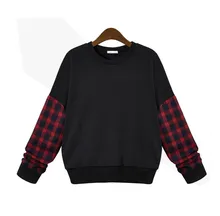 Plus Size L-5XL 2016 Autumn Winter Stitching Loose Plaid Long-sleeved Hedging Fashion Plaid Fleece Sweatshirts Black Gary Sz1484