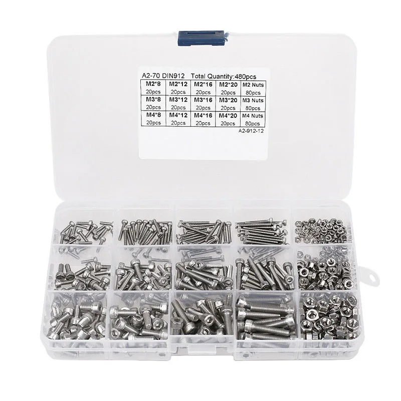 

480pcs M2 M3 M4 304 Stainless Steel Hex Socket Head Cap Screws Nut Set Kit With Box