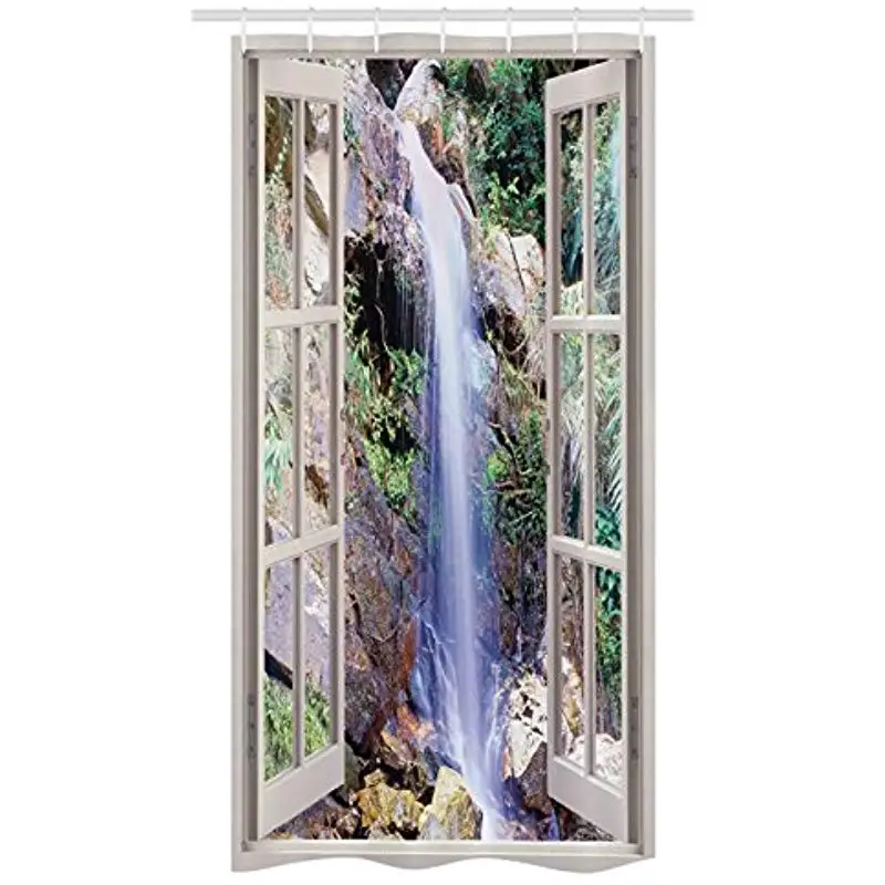 

Vixm Waterfall Stall Shower Curtain Open Window Sees Small Water Cascade Flowing Down Hills Recreational Fabric Bath Curtains