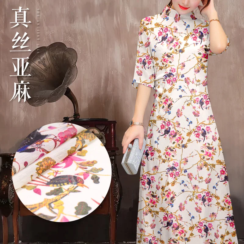 

Peach prints silk linen fabric breathable silk fabric for dress natural linen fabric chinese silk fabric wholesale silk cloth