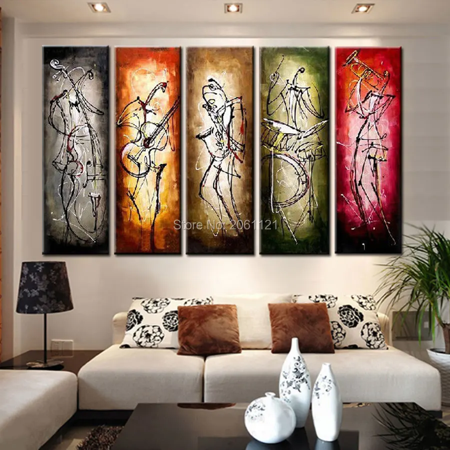 Музыканта! 5 панелей, Современная Абстрактная живопись маслом на холсте, абстрактные фигурки, художественная живопись маслом для гостиной