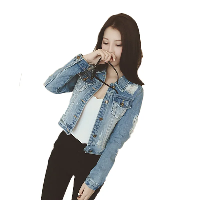 

2018 Women Jeans Jackets Ripped Hole Slim Ladies Denim Jacket Blue Short Outwear Vintage Long Sleeve Single Breasted Coat Femme
