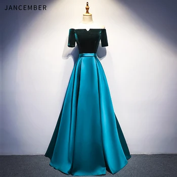 

JANCEMBER 2019 Latest Evening Dresses Short Sleeve Lace Up Back Simple Boat Neck Multi-Color Optional Classic vestido noche New