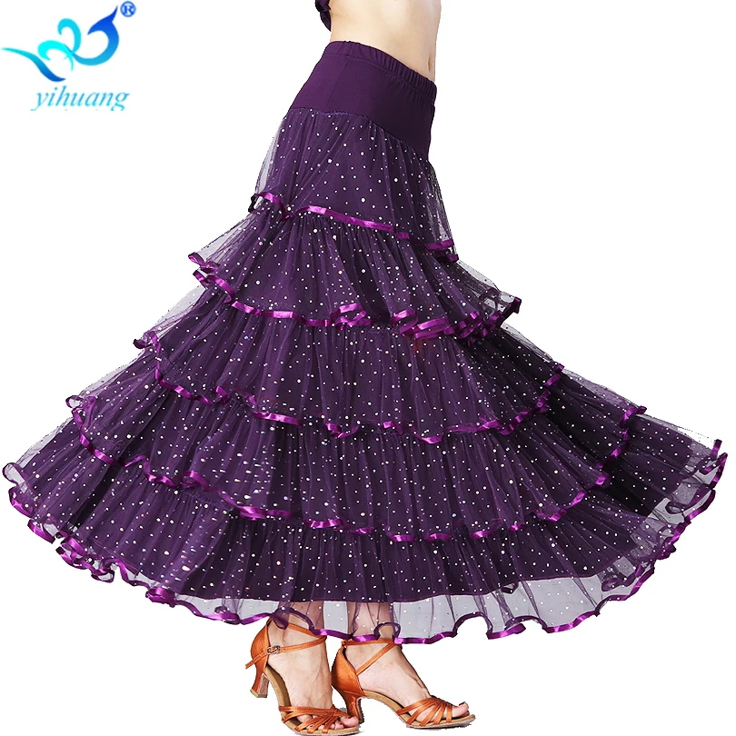 Гладкий современный танцевальный костюм для соревнований, юбка для бальных танцев, длинные юбки, Дамский вальс, стандартная юбка для танго, сетка, 6 цветов#20