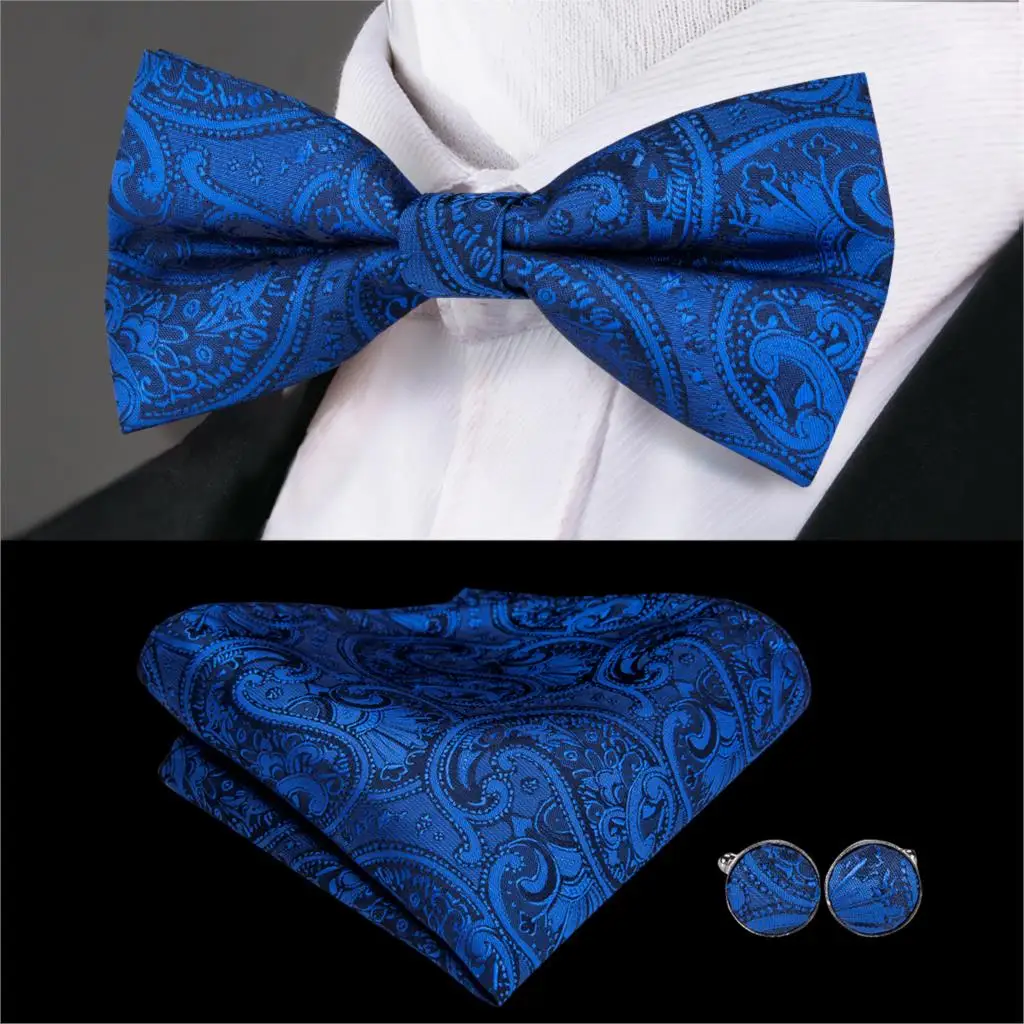 Hi-Tie Classic Party Wedding Bow Tie Set Paisley Blue Silk Handkerchief Cufflinks Tie High Quality Butterfly Necktie Men F-786