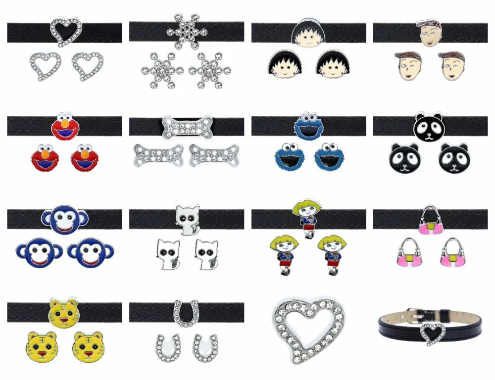 

50pcs Slide Charms Dog bone Cat heart Girl Handbag Charms Fit 8mm Pet Collar Wristbands Belts Bracelet DIY Women Jewelry Gifts