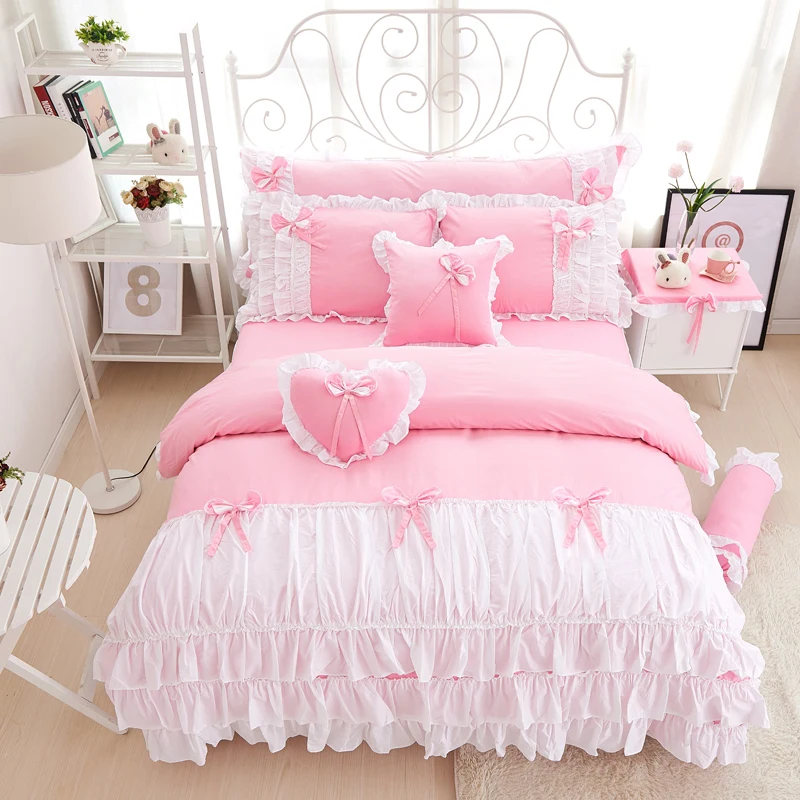 

100% Cotton Korea Princess Girls Bedding Set King Queen Twin Size Pink Purpe Duvet Cover set Bedskirt set Pillowcases 4/7Pcs