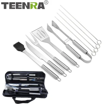

TEENRA 10Pcs/Set Stainless Steel BBQ Tools Set Grill Utensil Kit Outdoor Camping Barbecue kit With Carry Bag BBQ Spatula