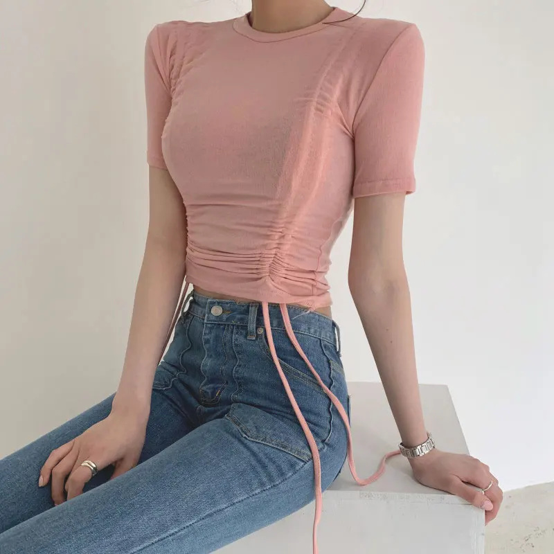 

Korean Shirred Drawstring Side Ribbed Tee Summer Short Sleeve Slim Cotton Knitted Tshirt Women Casual Tops