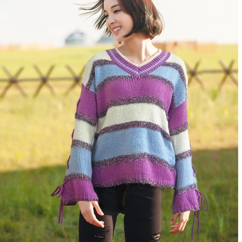 Colors Striped Oversized Sweaters 2018 Winter Glitter Lazy Long Sleeve Lace Up V Neck Pullover Loose Women's Sweater Trui Dames | Женская