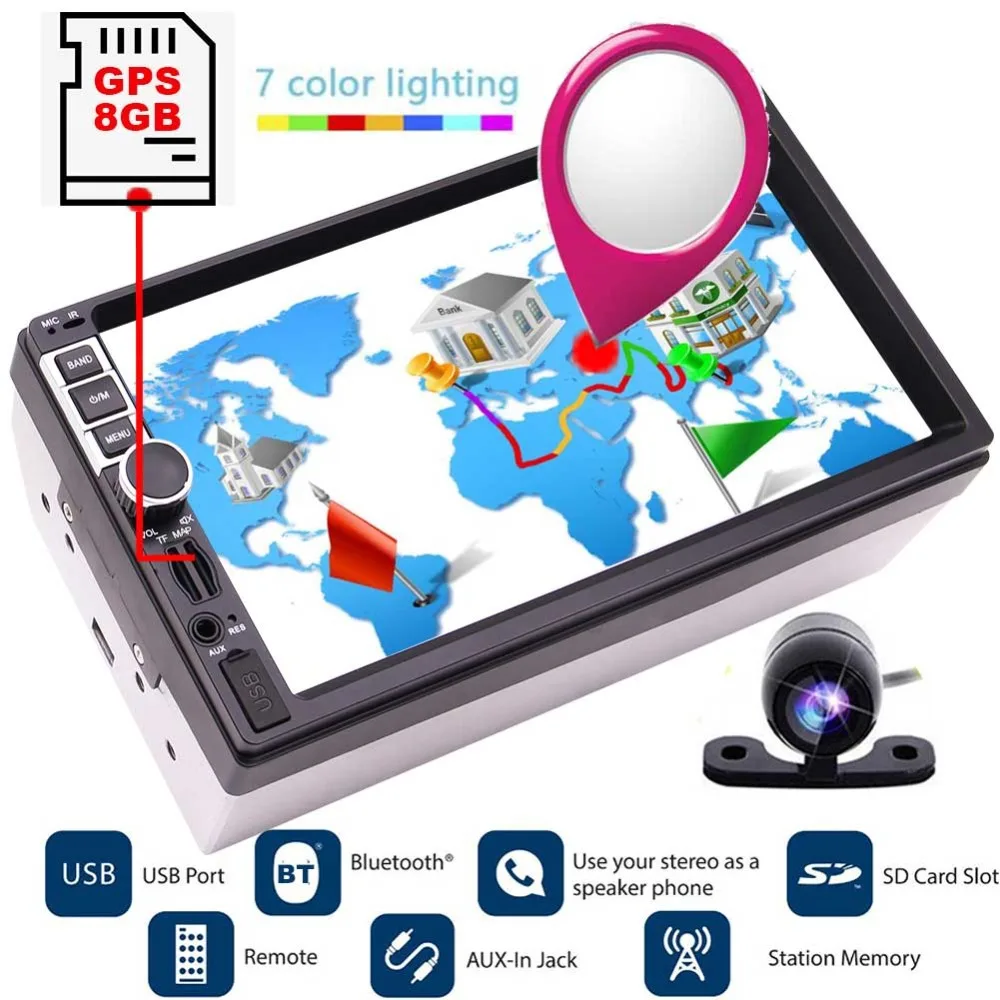 

Car Stereo MP5 MP3 Player, support Mirror link/Rear Camera/SWC/FM/TF/USB/AUX-in + Remote Control 7 inch Double Din Touch Screen