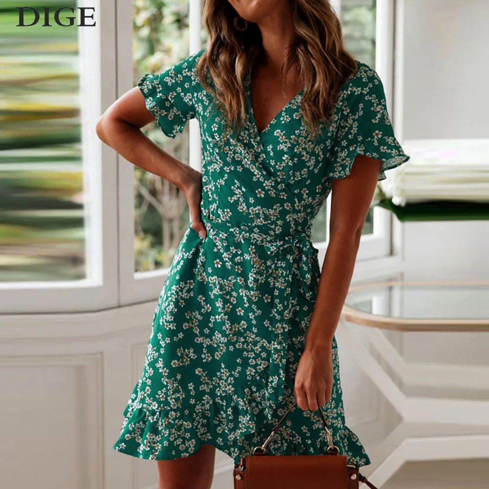

New Women Dresses Summer Sexy V Neck Floral Print Boho Beach Ruffle Short Sleeve A Line Mini Dress Chiffon Sundress Robe B0432