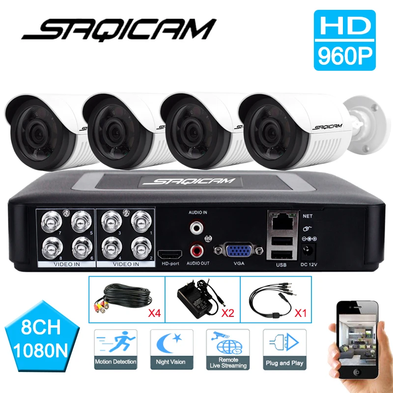 Saqicam 8CH 1080N DVR безопасности Камера Системы 4 шт. 960 P 1200TVL Weatherproof s День/Ночное видение
