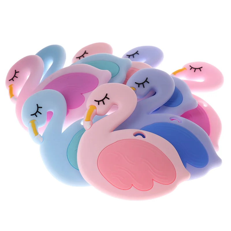 10pc 백조 Teethers 치아 플라밍고 실리콘 Teething 안전 Teether Bpa 무료 동물 씹는 음식 실리콘 Teething  선물