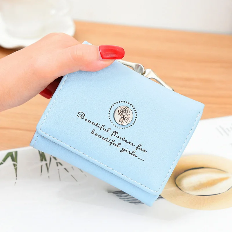 Модный мини-кошелек с розами, короткий кошелек тройной бумажник, женские сумки - Цвет: Синий