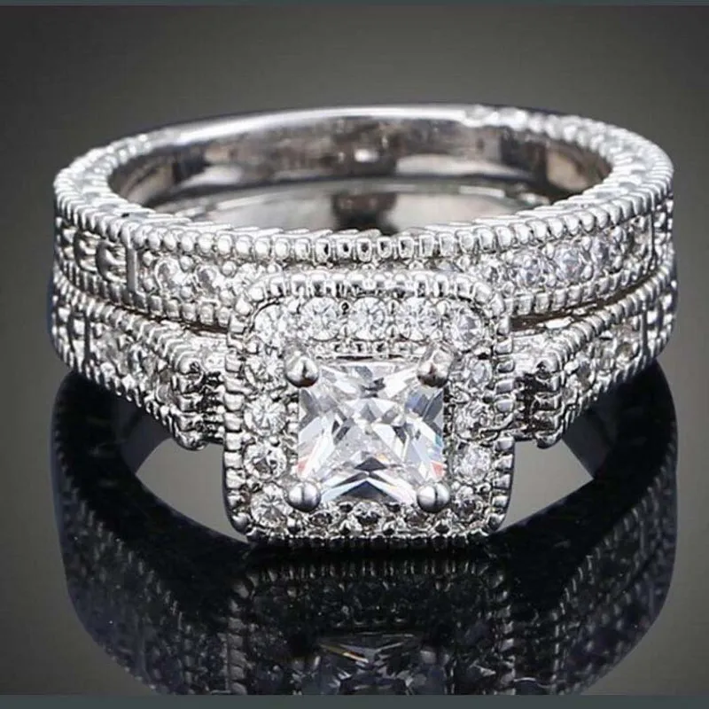 Vintage Simulated Diamond Rings Sets 2 in 1 Engagement Wedding Ring