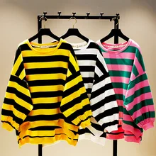 

Batwing Sleeve Female Sweatshirts All-match Loose Students Pullovers O Neck Striped Long Sleeve Women Tops Casual