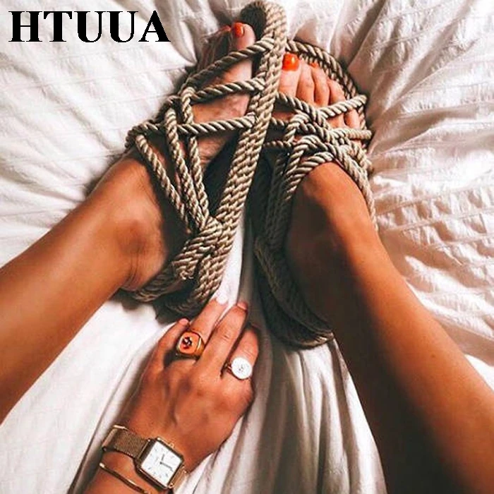

HTUUA Hemp Rope Lace up Cross-tie Flat Sandals Women Slip on Boho Beach Sandals Slingbacks Casual Low Heel Platform Shoes SX2772