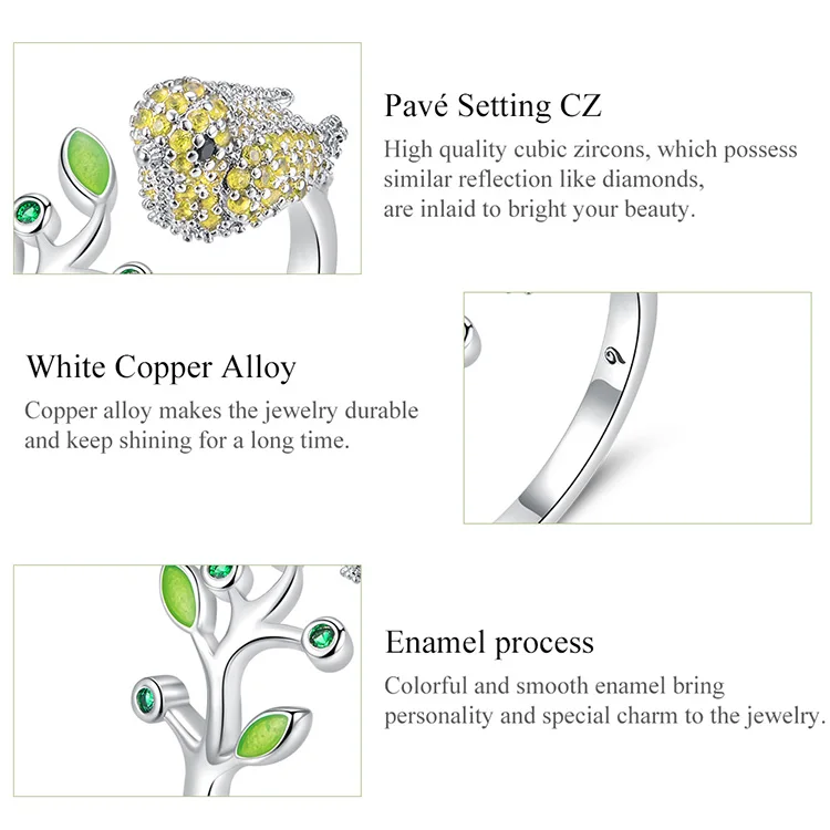 BISAER Птица Ювелирные изделия Серебряный Цвет птица и листья дерева открытый размер палец кольца для женщин модные ювелирные изделия ANEL EHR002