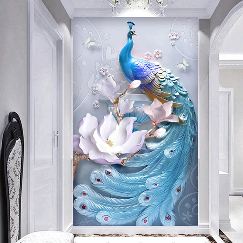 Newly Custom Photo Wallpaper 3D Stereo Relief Peacock Flowers Murals Living Room 