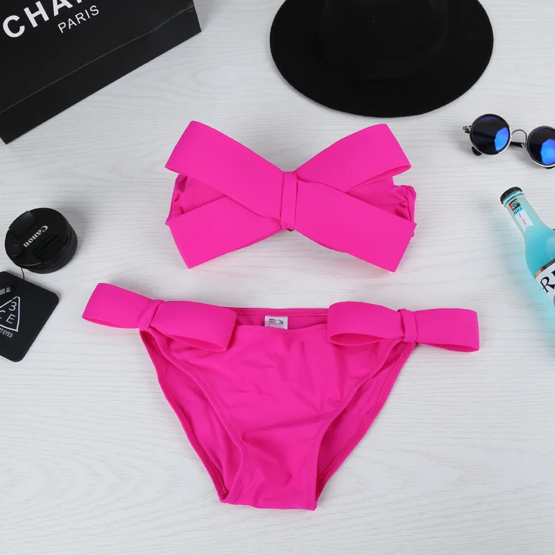 Günstig Big Bowknot Bikinis Frauen 2019 Push Up Bandeau Badeanzug Weibliche Solide Sexy Bademode Rock Badeanzug Badenden Mayo Strand Sommer