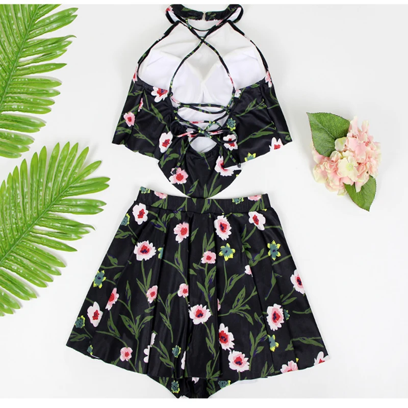 12New Style Two Piece Swimsuit Flower Print Red Sexy Women Swimwear Bathing Costume Vacation Slim Swimming Clothing For Teen Girls