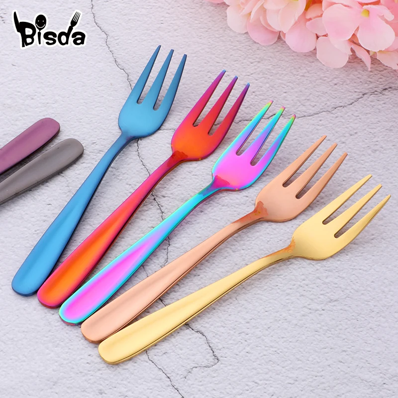 

8pcs Tea Forks Stainless Steel Fruit Fork Set Colorful Dessert Forks For Cake Snack Small Gold Reusable Dinnerware Party Tools