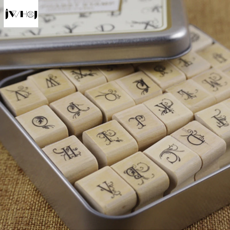 

JWHCJ 28 pcs/set Butterfly floral letter tin box wooden stamp gift Crafts Handmade decal scrapbooking Stamps Arts Photo Album