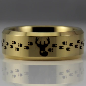 

Free Shipping USA UK Canada Russia Brazil Hot Sales 8MM Golden Bevel Hunting Buck&Deer Tracks Design Tungsten Comfort Fit Ring